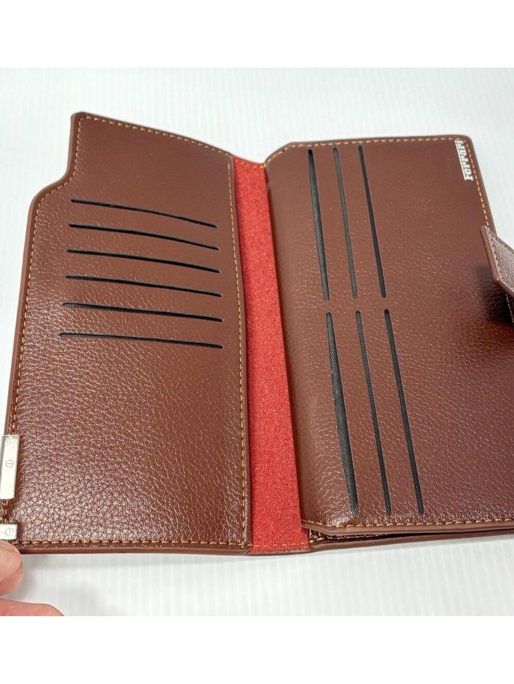 Ferrari Brown Long Wallet Trifold Credit Card Billfold Holder Cash Organizer NEW - Picture 2 of 10
